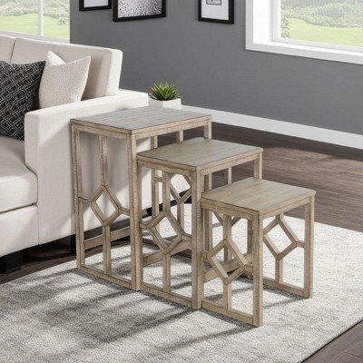 Royal Hampton Geometric Frame 3 Piece Nesting Accent Table Set, Solid Mahogany Wood, Distressed Pebble