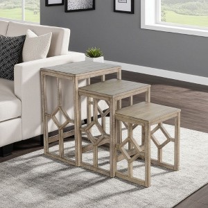 Royal Hampton Geometric Frame 3 Piece Nesting Accent Table Set, Solid Mahogany Wood, Distressed Pebble - 1 of 4