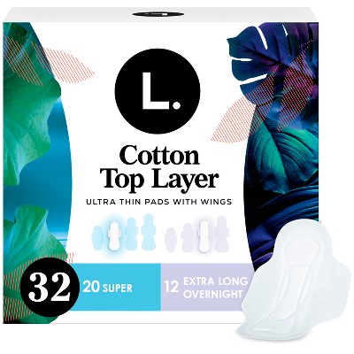 L . Ultra Thin 20 Super + 12 Extra Long Overnight Menstrual Pads - 32ct