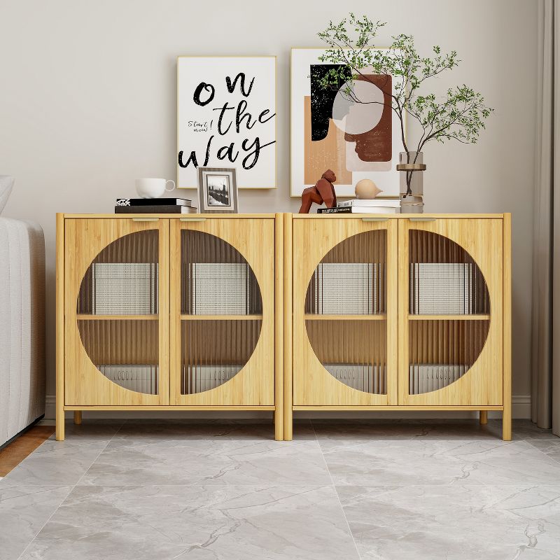 Bamboo 2 Door Cabinets with 1 Adjustable Internal Shelf, Buffet Sideboard Storage Cabinet, Natural - Modernluxe, 2 of 13