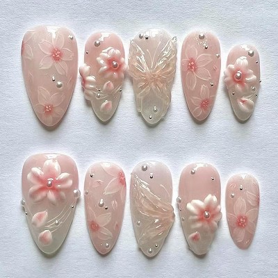 LOVELAY CREATIONS Pink Short Almond Press-On Nails with 3D Flower Pearls
