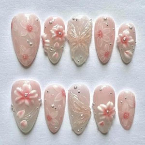 LOVELAY CREATIONS Pink Short Almond Press-On Nails with 3D Flower Pearls - 1 of 4