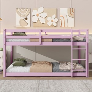 RISOKEYS Twin over Twin Floor Bunk Bed - Solid Rubber Wooden Bunk Bed with Ladder, Upper & Bottom Bed Platforms with Strengthened Slats - 1 of 4