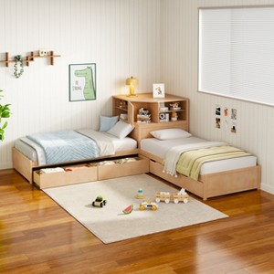 Polibi 3-in-1 Pine Wood Corner Platform Bed with Shelves & Cabinet - 1 of 4