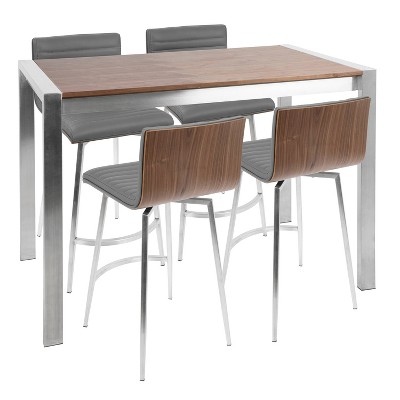 LumiSource 5pc Mason Counter Height Dining Set Stainless Steel Walnut/PU Leather