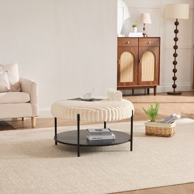 Hrinhom 30.9"W Faux Fur Ottoman, Coffee Table with Open Storage Shelf, Metal Legs