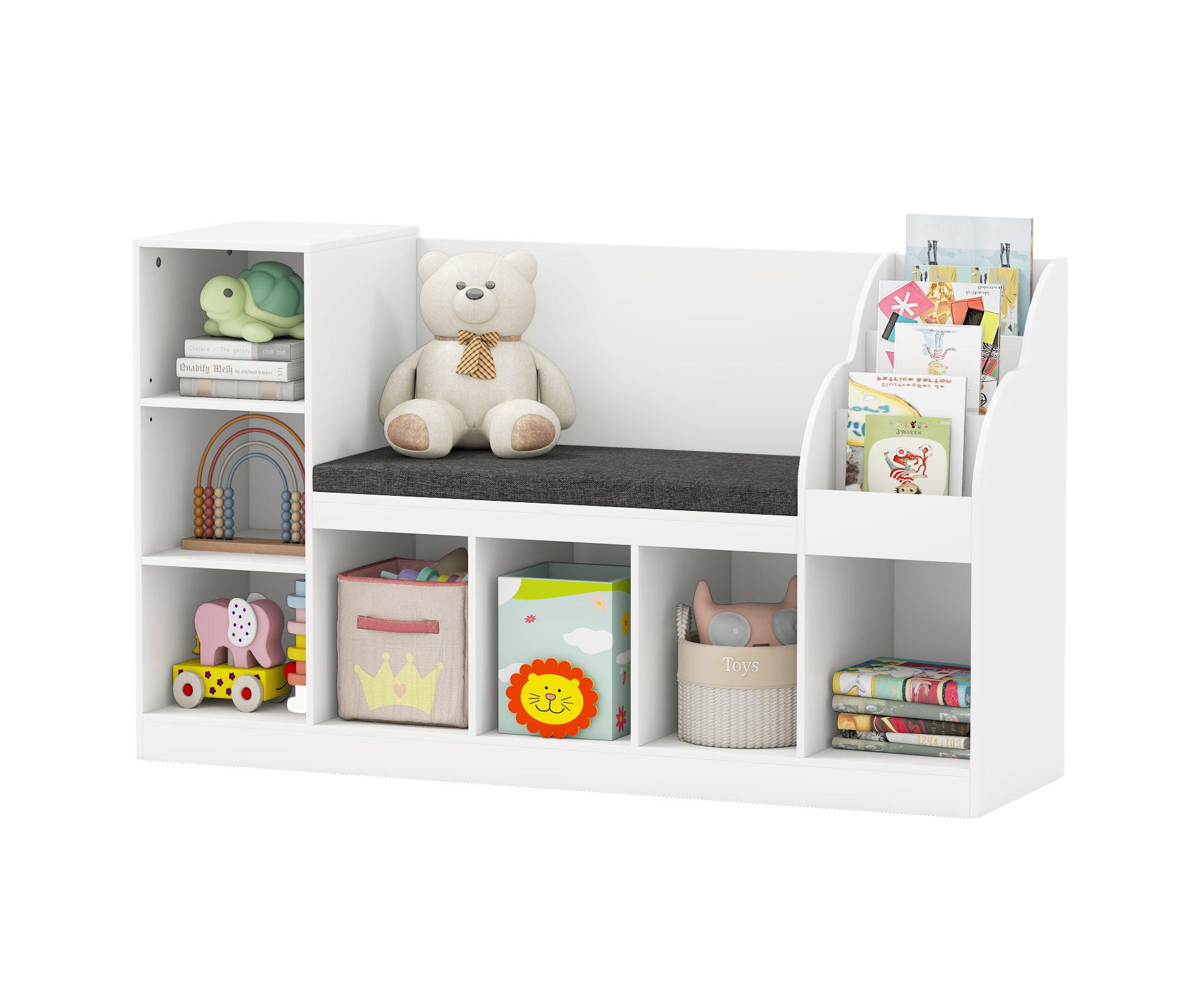 Tangkula Wooden Kids Bookshelf w/Reading Nook Padded Seat Open Cubes Adjustable Shelf