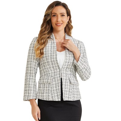 Allegra K Women's Long Sleeve Open Front Work Office Plaid Tweed Blazer