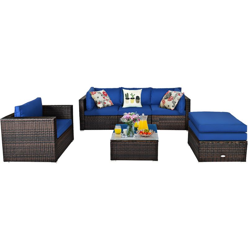 Costway 6PCS Patio Rattan Furniture Set Sectional Cushion Sofa Coffee Table Ottoman Navy, 2 of 11