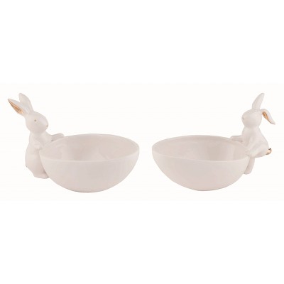 Transpac Dolomite Ceramic White Gold Accent Easter Decorative Bunny Egg Bowls Set of 2 Easter Home Decorations