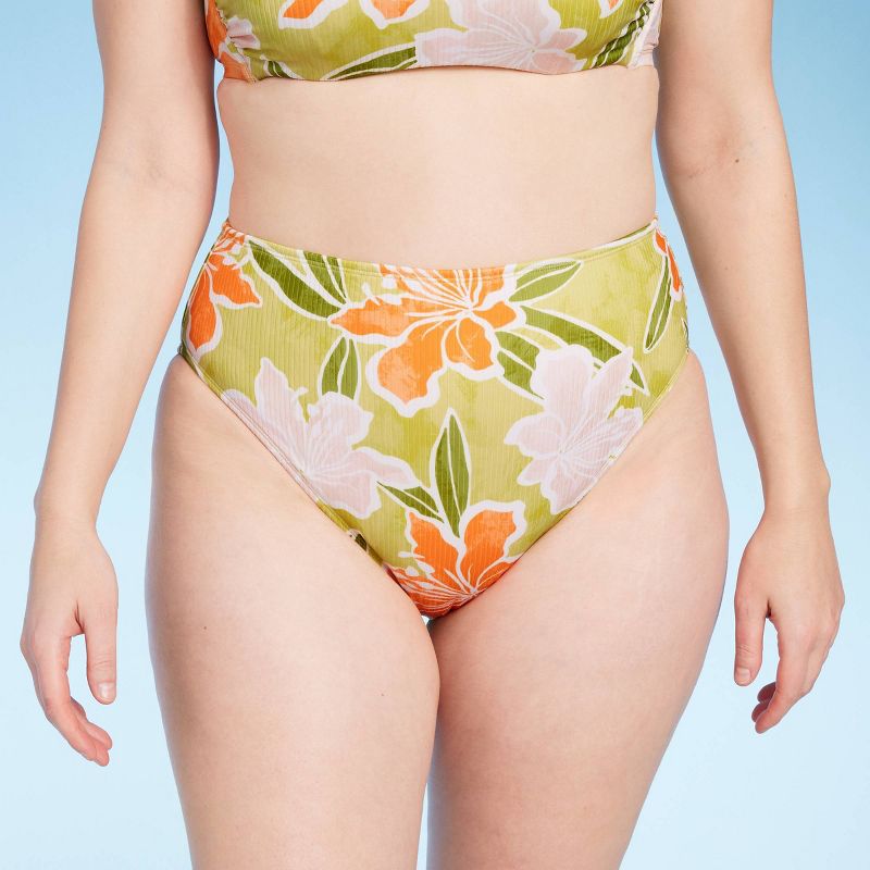 Women's Ribbed High Waist High Leg Medium Coverage Bikini Bottom - Shade & Shore™ Lime Green Floral Print, 5 of 7