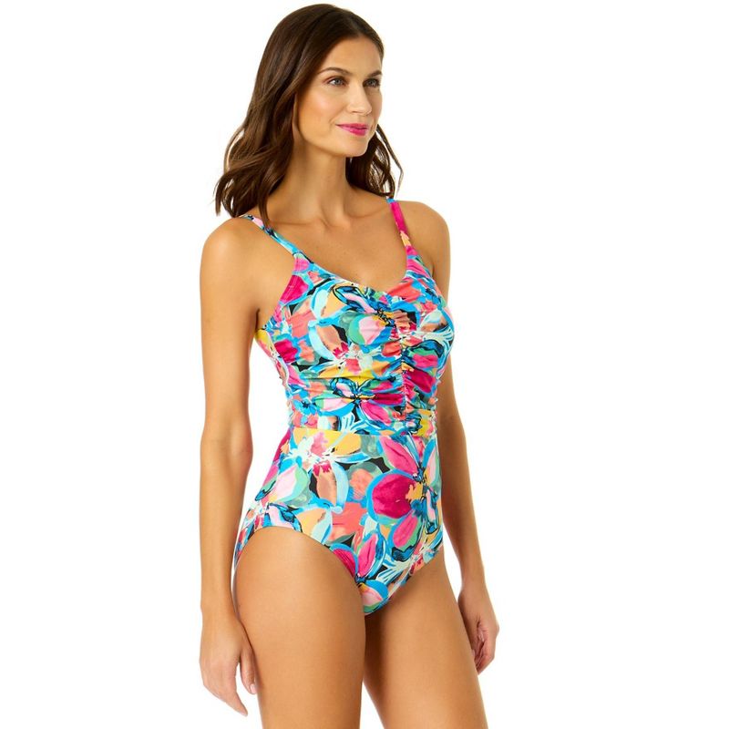 Anne Cole Women's Amalfi Floral Shirred Front V Neck One Piece Swimsuit, 4 of 5