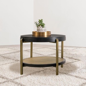 26.25" Coastal Round Black End Table with Rattan Storage Shelf and Brass Legs, Decorative Side Table for Living Room-3irtyhousy - 1 of 4