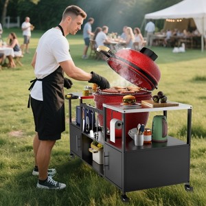 Vynxaria Outdoor Grill Table for Big Green Egg Style BBQ Metal Grill Cart Storage Box - 1 of 4