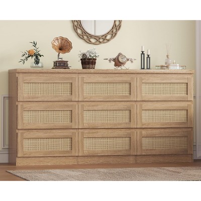 Dresser for Bedroom, Rattan 9 Drawer Dresser for Closet, Double Wood Dressers & Chest of Drawers