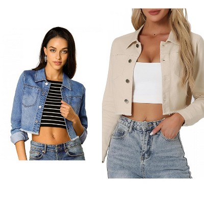 INSPIRE CHIC Women's Turn Down Frayed Button Down Washed Cropped Denim Jacket 2 Packs