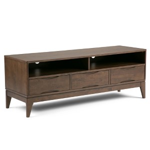 60" Solid Rubberwood Hardwood Mid Century Modern TV Media Stand with Cord Management, Large Notched Handle Drawers and Open Compartments - 1 of 4