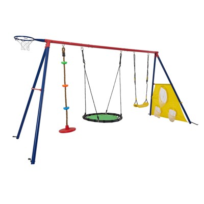 DSVIMOY 5-in-1 Swingset with Swing Seat, 550lbs for Outdoor Playground for Age 3+, Blue&Green, 125.99"*55.12"*70.87"