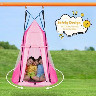 Pink 40'' Kids Hanging Chair Swing Tent with Galvanized Pipe Frame