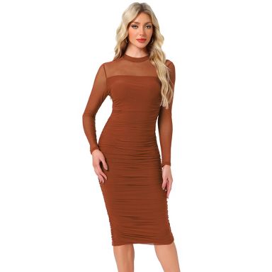 tan long sleeve bodycon dress INSPIRE CHIC Women's Mesh Mock Neck Ruched Elegant Cocktail Orange Medium Filter:Color:Unbleached Topshop Maxi dress - SIZE:XXL with enough detail to