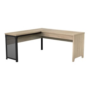 miBasics 65" Spiritroam Industrial L Shape Desk with Lift Top Natural Oak: Iron Frame, Particle Board Surface - 1 of 4