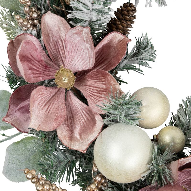 Northlight Pink Floral and Ball Ornament Frosted Pine Artificial Christmas Wreath, 24-Inch, Unlit, 4 of 8
