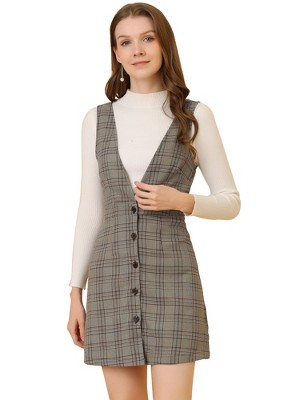 Allegra K Women's V Neck Gingham Check Pinafore Overalls Suspenders Plaid Print Dress