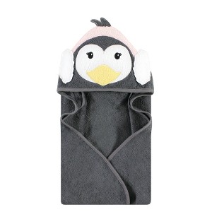 Hudson Baby Infant Girl Cotton Animal Face Hooded Towel, Earmuff Penguin, One Size - 1 of 2