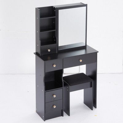 29.2" Small Space Left Drawer Desktop Vanity Table + Cushioned Stool, Extra Large Right sliding mirror, Multi Layer High Capacity Storage