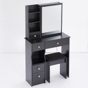 29.2" Small Space Left Drawer Desktop Vanity Table + Cushioned Stool, Extra Large Right sliding mirror, Multi Layer High Capacity Storage - 1 of 4