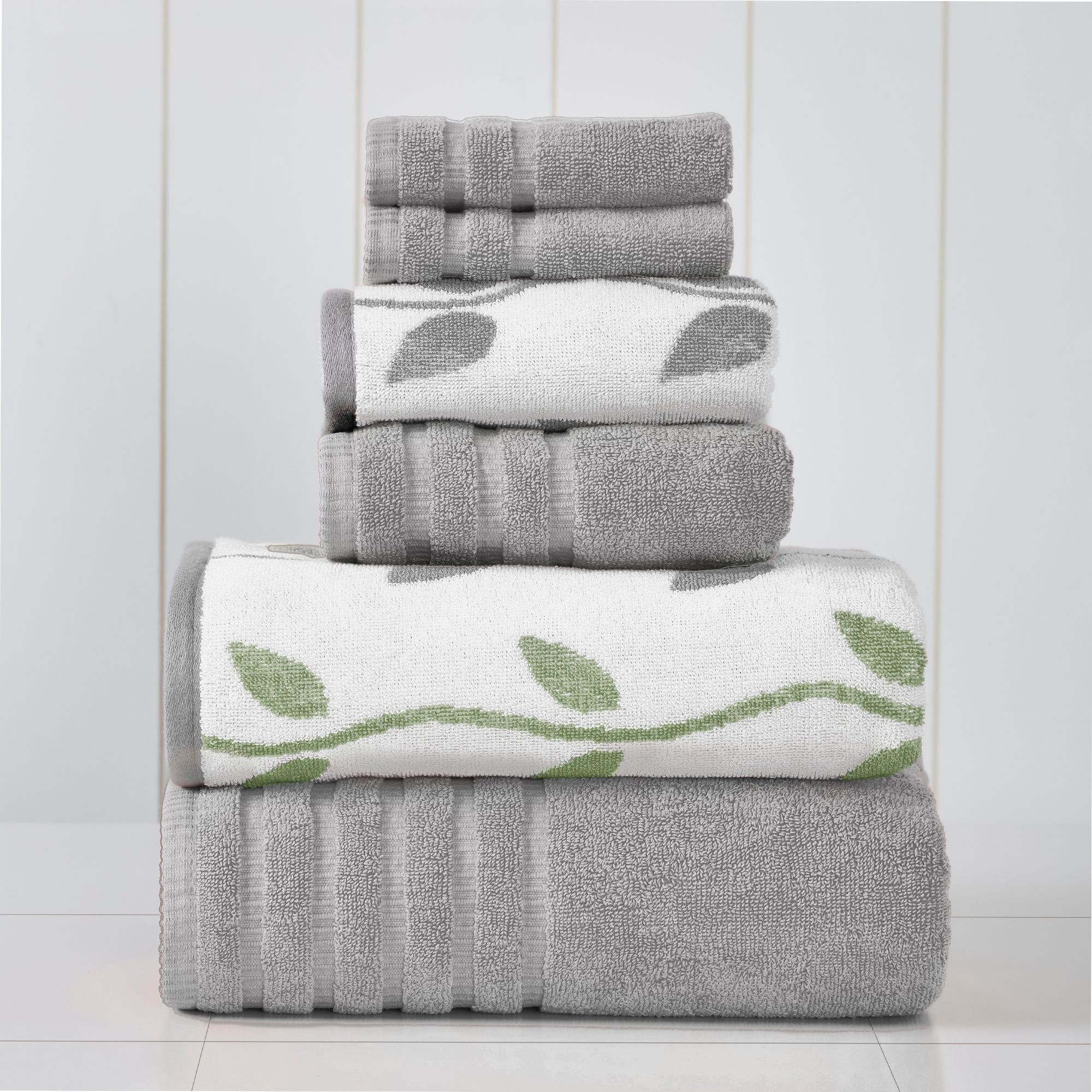 Modern Threads 100% Cotton Bath Towels Set of 6,Organic Vines- Gray