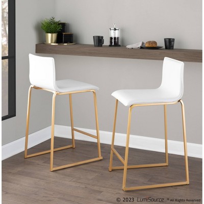 Set of 2 White Faux Leather and Gold Metal Counter Stools