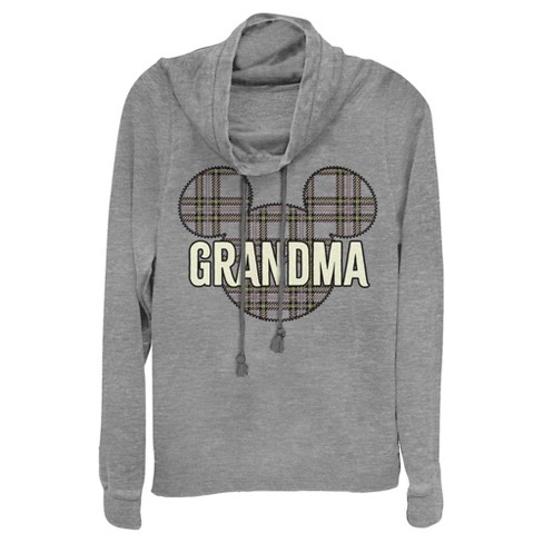 Junior's Mickey & Friends Grandma Plaid Logo Cowl Neck Sweatshirt - image 1 of 4