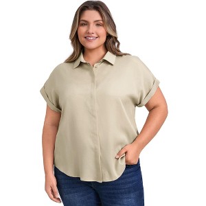 GRACE & GRANDEUR Women's Plus Size Collared Rolled Cuffed Short Sleeve Casual Button-Down Shirts - 1 of 4