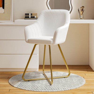 VECELO Modern PU Leather Accent Chair, Vanity Makeup Chair with Gold Metal Frame, Upholstered Armchair for Living Room or Bedroom, White