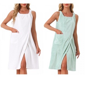 INSPIRE CHIC Women's 2 Pcs Shower Wrap Wearable Button Bath Towel Robe Sleeveless Snap Dress with Pockets - 1 of 4