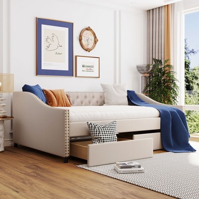 Full Size Upholstered Wood Daybed, Platform Sofa Bed with Two Drawers-ModernLuxe