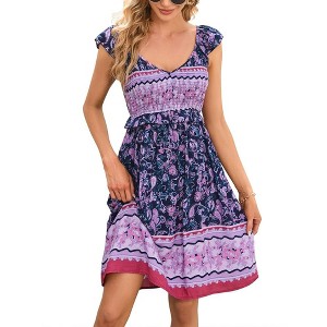 WhizMax Women's Summer Floral V Neck Flutter Sleeve Bohemian Smocked Casual Swing Mini Dress - 1 of 4