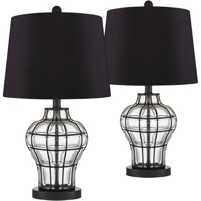 360 Lighting Hudson Modern Accent Table Lamps 23" High Set of 2 Dark Bronze Metal Clear Glass Black Fabric Drum Shade for Bedroom Living Room Bedside