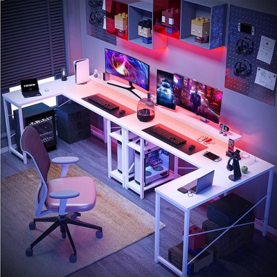 Whizmax L Shaped Computer Gaming Desk with Power Outlet & LED Light, Reversible Office Computer Desk, Corner Desk with USB Charging Port & Storage Bag