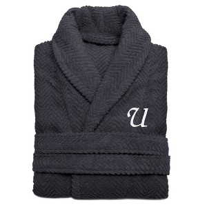 Linum Home Textiles 100% Turkish Cotton Unisex Personalized Herringbone Dark Grey Bathrobe in White Chancery Font - 1 of 2