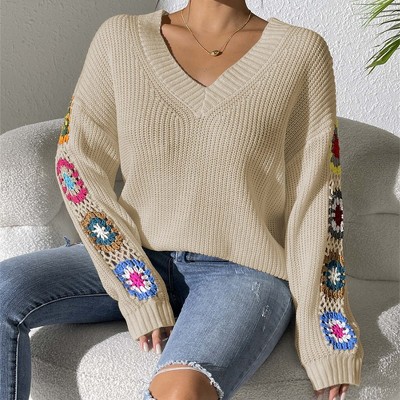 Women's Sweater V-Neck Pullover Colorful Floral Embroidery Long Sleeves Knit Top