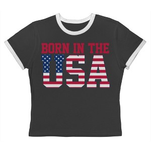 Rerun Island Women's Born In The Usa Flag Logo Black Americana 4Th Of July Short Sleeve Graphic Cotton Retro Vintage Ranger Baby Tee - 1 of 4