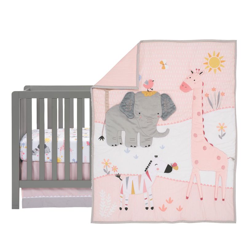 Lambs & Ivy Jazzy Jungle 3-Piece Safari Animals Pink Baby Crib Bedding Set, 2 of 11