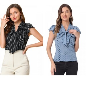 INSPIRE CHIC Women's Polka Dots Tie V Neck Flutter Cap Sleeve Blouse 2 Packs - 1 of 4