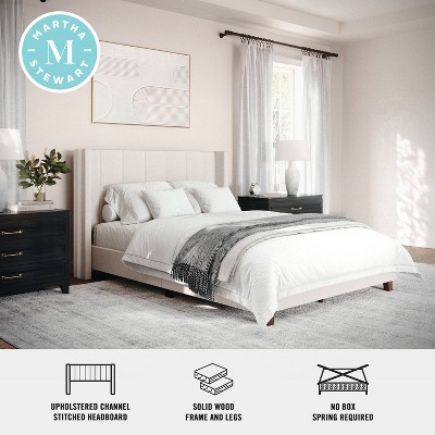 Beige Linen Upholstered Full Platform Bed with Wood Frame