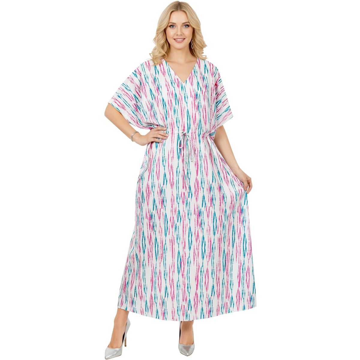 HAPPY BAY Women's Summer Vacation Swimwear Cover Up Beach Bikini Kaftan Regular Fit Beachwear Dress Bathing Suit Caftan One Size Pink Stripe