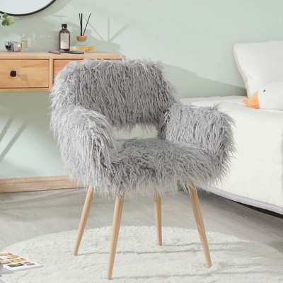 GREY Faux Fur Upholstered Makeup Chair with 4 Metal Legs, Furry Cozy Vanity Chair with Back and Armrest