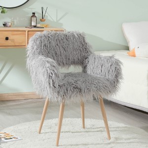 GREY Faux Fur Upholstered Makeup Chair with 4 Metal Legs, Furry Cozy Vanity Chair with Back and Armrest - 1 of 4