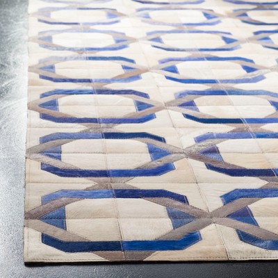 Ivory and Blue Geometric Cowhide Leather Area Rug 5' x 8'